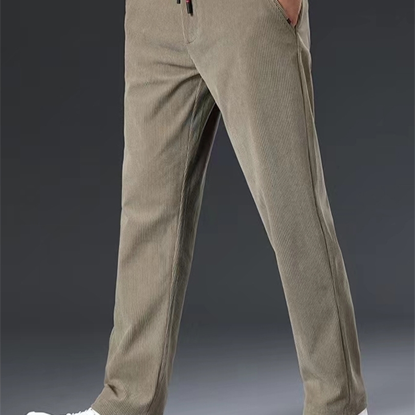 

Mens Pants FallWinter Corduroy Casual Fashion Drawstring Stretch Slim Chinos Male Business Straight Long Trousers 221113, Beige