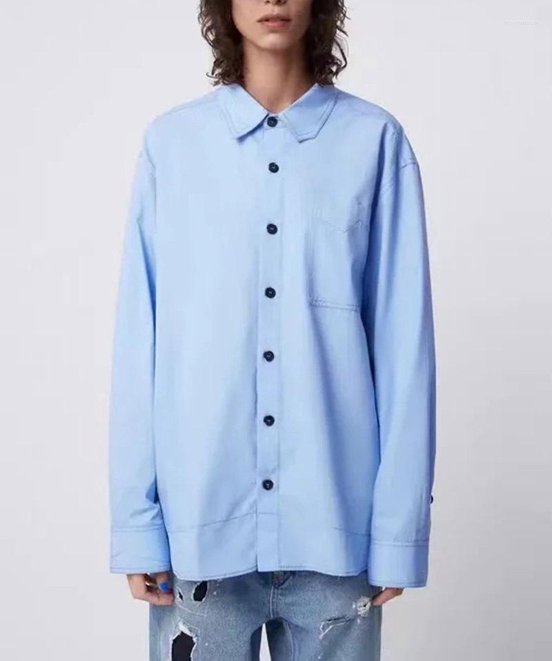 

Women's Blouses Women One Pocket Shirt Blue Or White Chemise Turn-down Collar Loose Long Sleeve Embroidery Single Breasted Blouse For Female