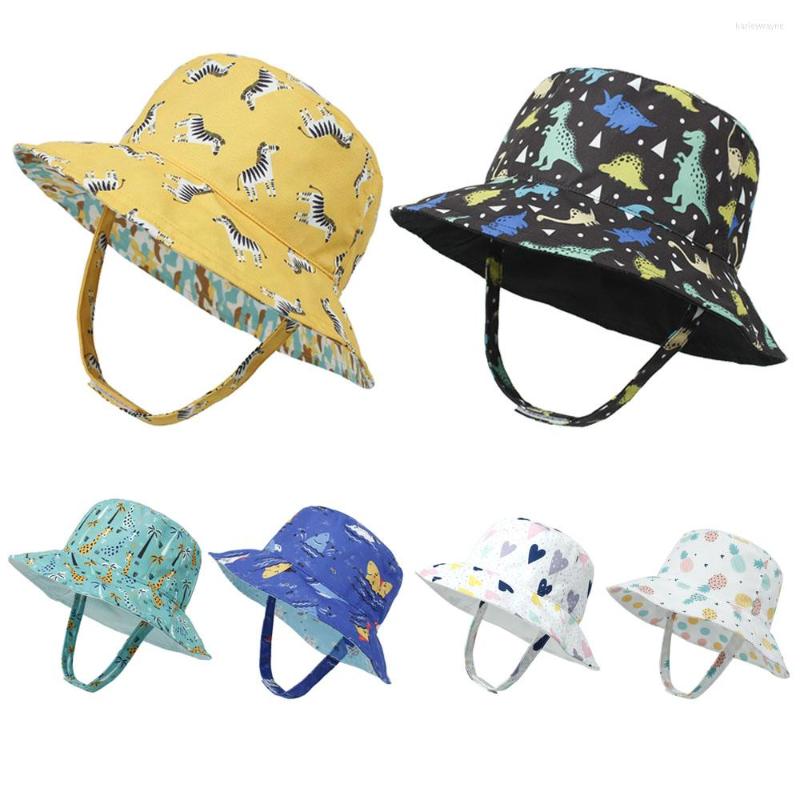 

Berets Summer Baby Sun Hat Wide Brim UPF 50 Bucket Cute Infant Beach Kids Pot Cap Double Sided Caps For 0-5 Years Toddler, Dinosaur