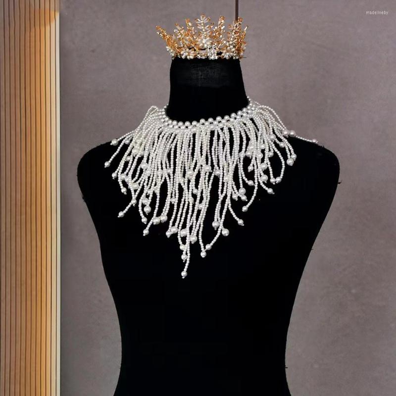 

Chains Vintage Woven Pearl Necklace Tassel Shawl Handmade Beaded Shoulder Chain Jewelry Detachable Dress Neck Ornament