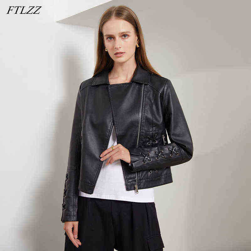 

Ftlzz Spring Autumn Women Faux Leather Jacket TurnDown Collar Slim Short Pu Leather Jacket Zipper Moto Bicycle Bandage weave Outrunner J220727, Black