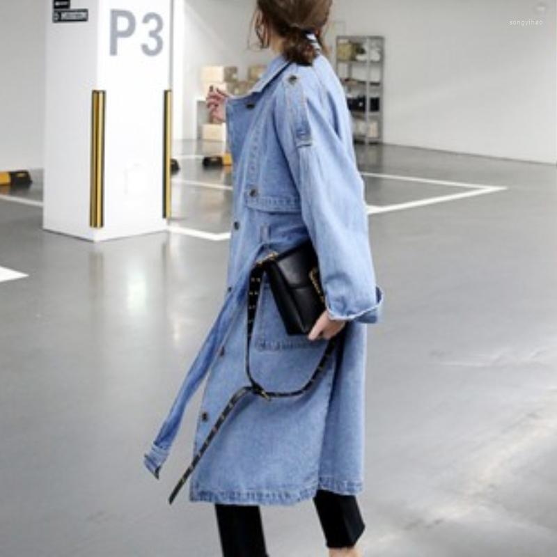 

Women' Trench Coats Women Fashion Single Breasted Long Denim Trend Coat Autumn Casual Sashes Vintage Cowboy Jacket Loose Streetwear Maxi, Blue