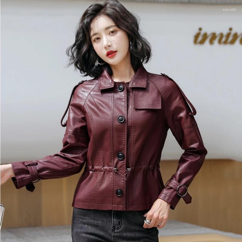 

Women's Leather Women Sheep Jacket Spring Autumn 2023 Classic Turn Down Collar Chic Drawstring Slim Short Sheepskin Coat Streetwear, Black