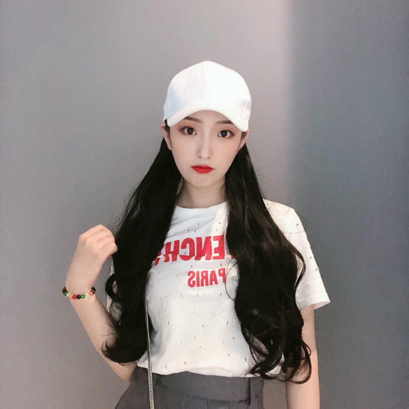 

Women's Hair Wigs Lace Synthetic Jiangxi Live Broadcast with Cargo Chemical Fiber White Duck Tongue Baseball Hat Long Wave Wig, White hat: black