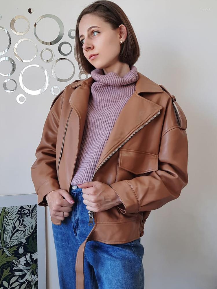 

Women' Leather Aoottii Autumn Women Pu Faux Soft Jacket With Belt Streetwear Female Brown Pocket Zipper Coat Tops Ladies Outwear