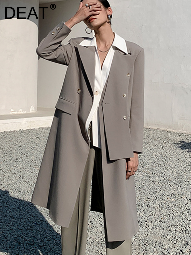 

Women's Trench Coats DEAT Fashion Women's Trench Coat Laple Loose Patchwork Single Button Long Sleeve Windbreaker Female Autumn 17A2732 221111, Black