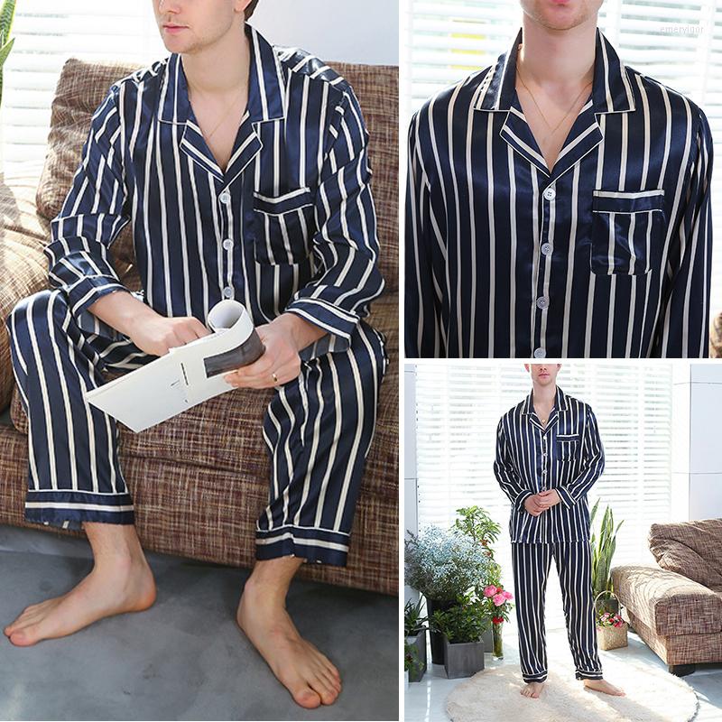 

Men's Sleepwear Men Suit Stripe Printed Fashion Tops Pants Suits Long Sleeve Satin Pajama Sets Lapel Pocket Thin Casual Homewear, Blue