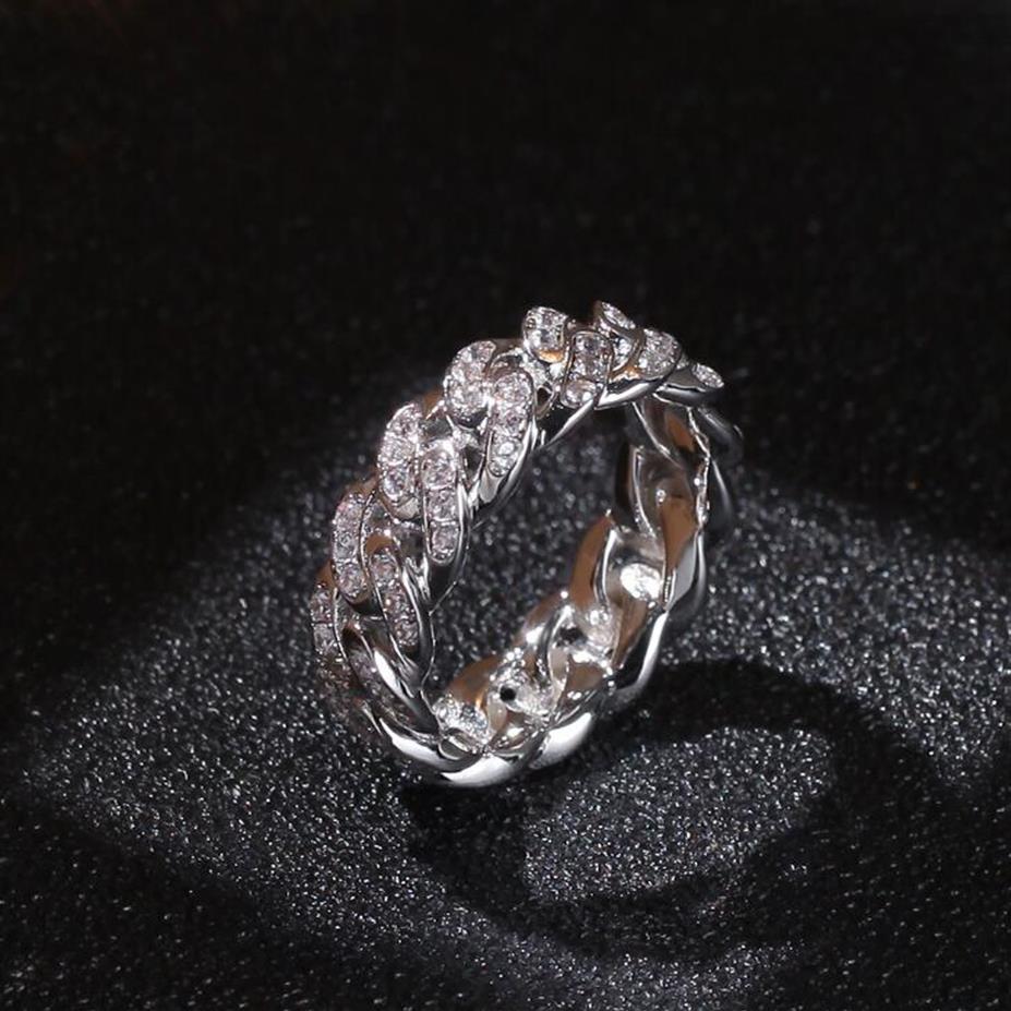 

Hip-hop Zircon Cuban Chain Ring 8mm Zircon plated Genuine Gold Trend Men's Ring Cuban Link Band Mens Hip Hop Jewellery257S