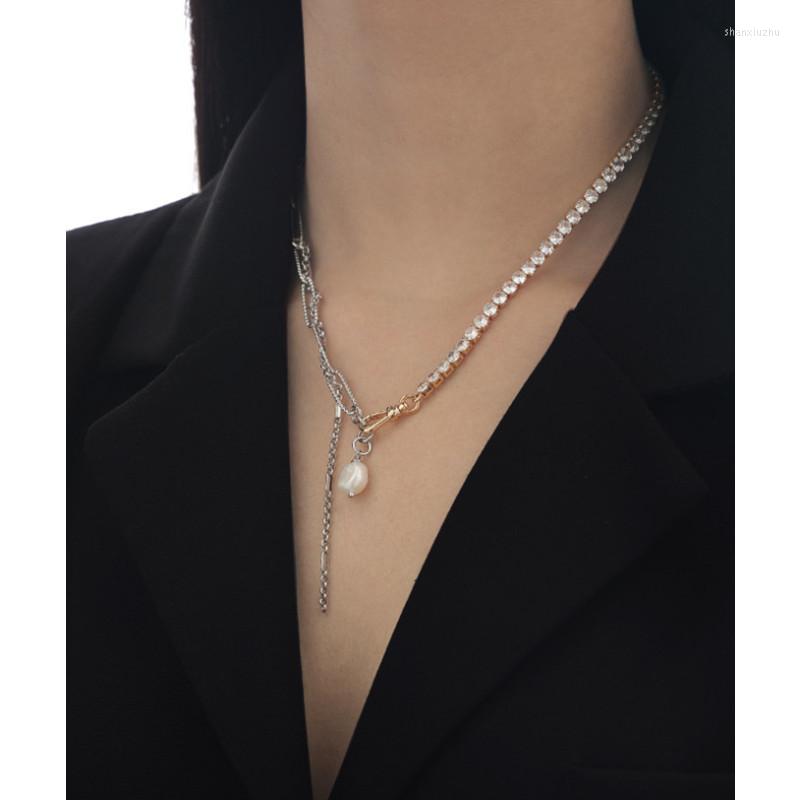 

Chains Brass Plated White Gold Ins Style Hip-hop Mix And Match Multi-combination Zircon Real Pearl Necklace Lady Sexy Clavicle Chain