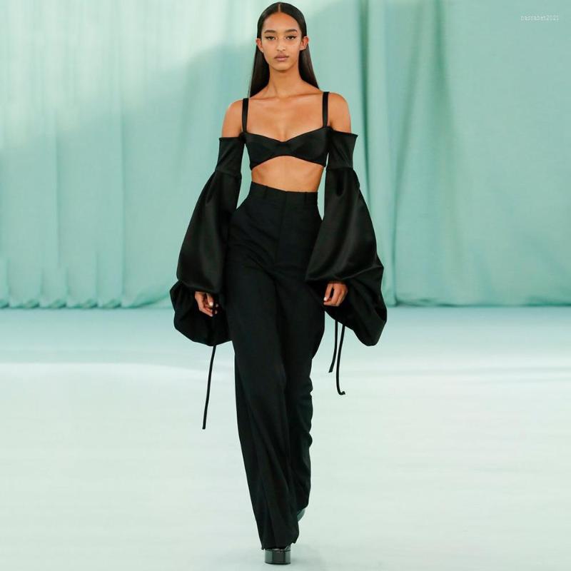 

Women's Two Piece Pants 2022 Summer Women's 2 Puff Sleeve Crop Top High Waist Wide Leg Sexy Black Off Shoulder Set