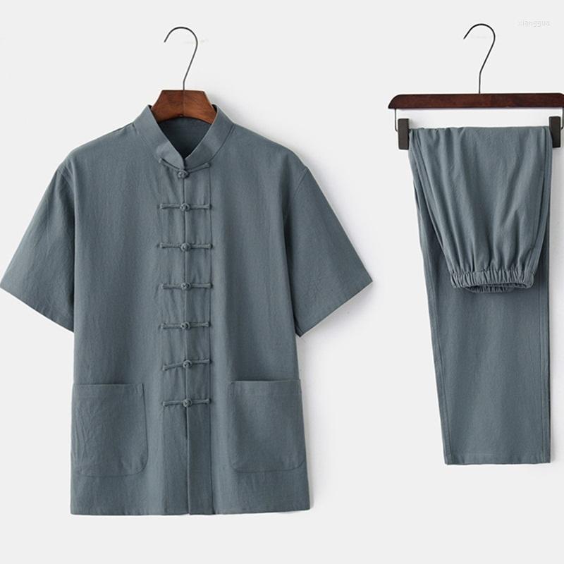 

Ethnic Clothing Traditional Chinese Set For Men Adult Tai Chi Uniforms Linen Short Sleeve Tang Casual Costumes TA381