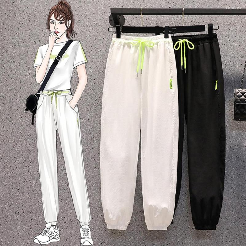 

Women's Pants Ice Silk Thin Ribbon Casual Women Comfortable All-Match Fashion Running Sweatpants 2022 Summer Cropped Harem, Black