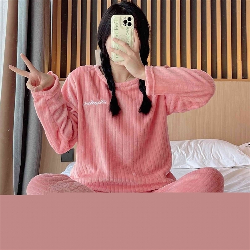 

Women's Sleepwear Sexy Pyjamas Autumn Winter Warm Flannel Pajamas for Women Students Cute Plus Velvet Thicken Loose Sleepwear Set Coral Home Clothes 221113, R zd-111yinghuafen