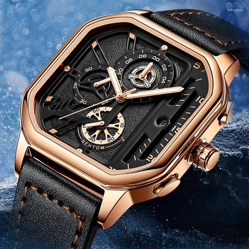 

Wristwatches NEKTOM 8236 Men Watch Luxury Multifunction Business Waterproof Sports Date Watches Fashion Leather Quartz Men's Wristwatch, Gold