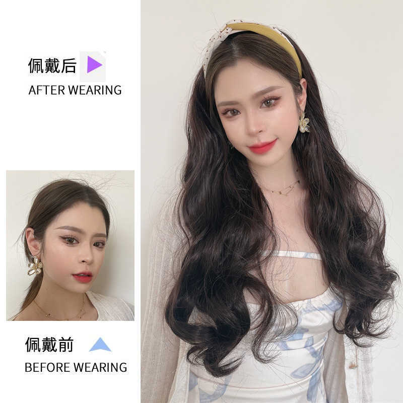 

Women's Hair Wigs Lace Synthetic Shake Tape Wig Female Band Integrated Big Wave Chemical Fiber Half Head Cover Imitation Long Curling Hair Piece, Mesh wave point long curly hair light