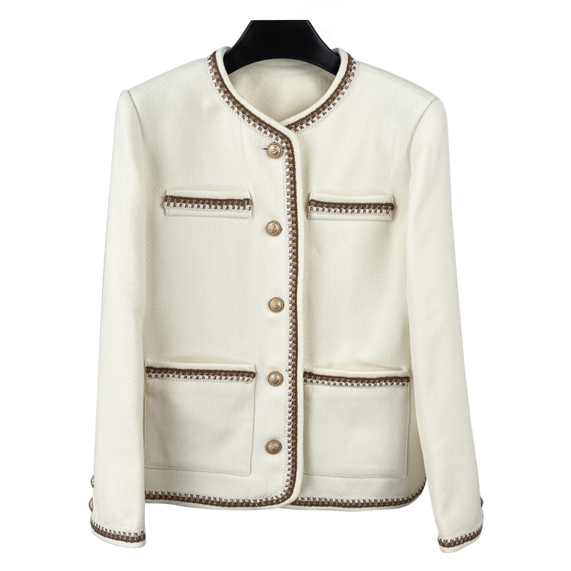 

2022 Autumn White Contrast Color Panelled Jacket Long Sleeve Round Neck Pockets Single-Breasted Jackets Coat Short Outwear A2N086398