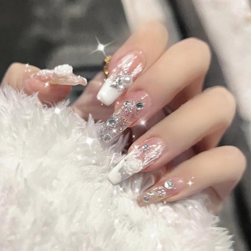 

False Nails 2023 Styles Gradient Fake Press On Nail Diamond Cross Art Long Tips Forms With Glue Stick Stickers Reusable Set, Cy101