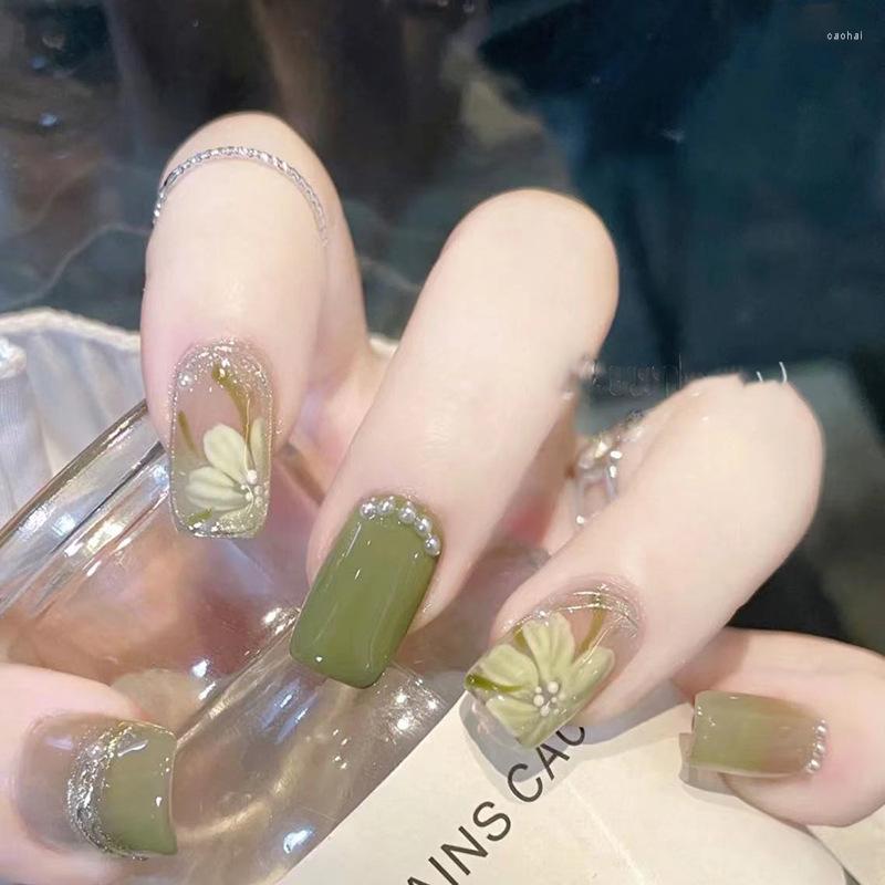 

False Nails 24Pcs/Set Press On Fake Green Wearing Reusable Art Girls Ballerina Coffin Nail With Glue Full Cover Artificial, Nails with glue-d44