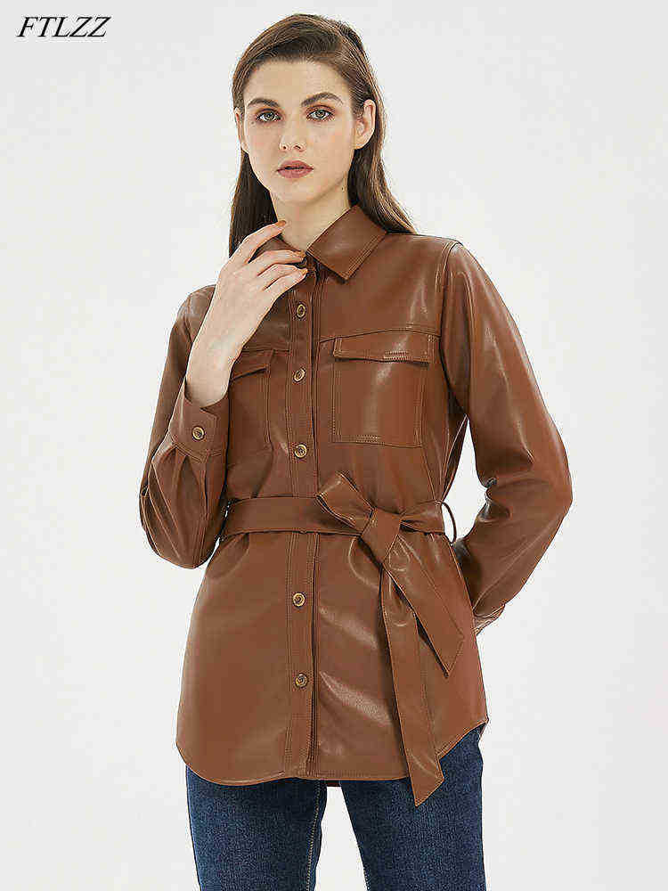 

FTLZZ Streetwear Female Single Breasted Loose Pu Leather Jacket with Belt Spring Autumn Women Faux Leather Coat Ladies Outwear J220727, Brown.