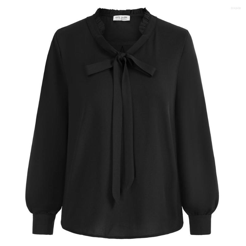 

Women' Blouses KK Women Bow-Knot Decorated Tops Long Sleeve Ruffled Neck Pullover Blouse Work Chiffon Shirts OL Button-Down White A50, Black