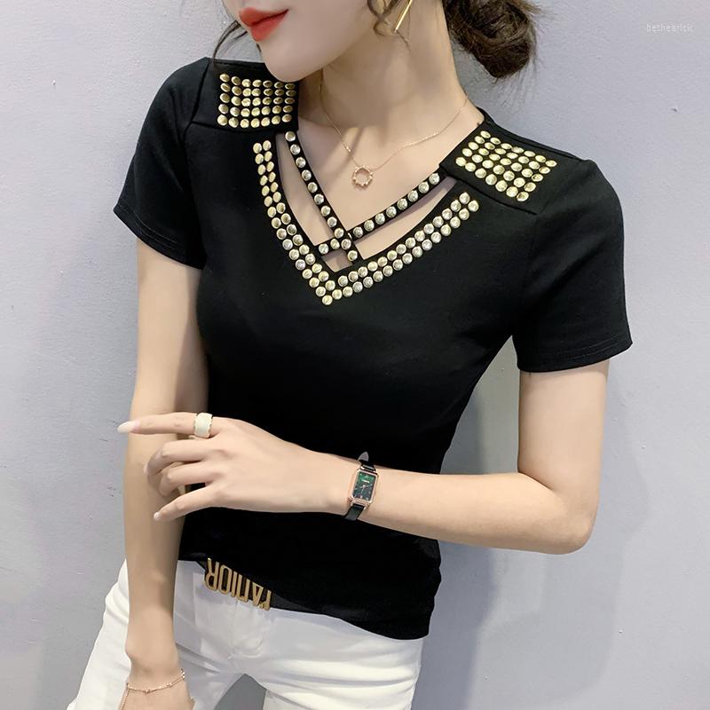 

Women's T Shirts 2022 Summer Short Sleeve Women's Tops Fashion Casual V-Neck Drilling Solid Color T-Shirt Clothes Blusas, Black