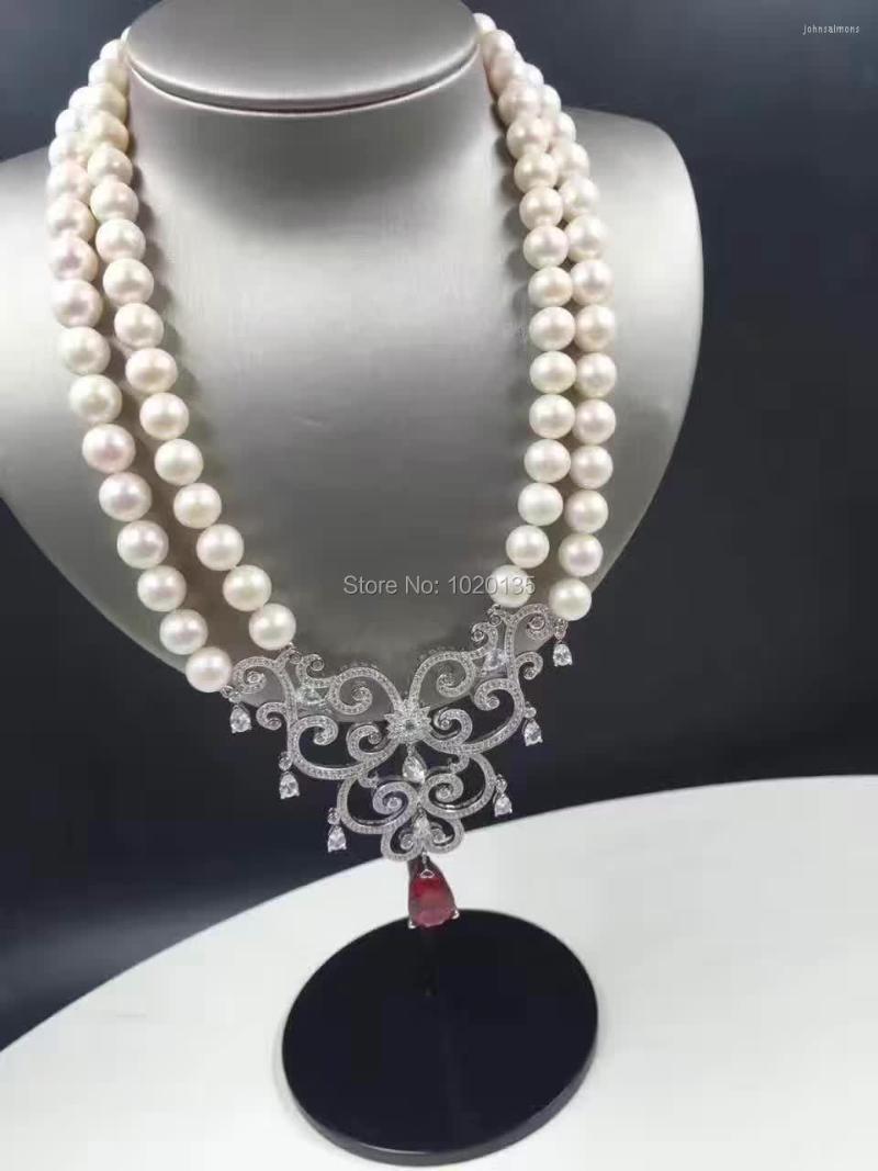 

Pendant Necklaces 2rows 19-20inch Freshwater Pearl Near Round Necklace 8-9mm Wholesale Beads Fashion Gift Red Flower Zircon