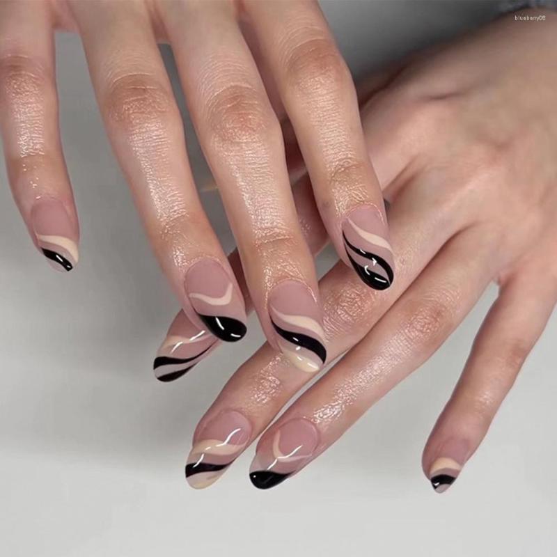 

False Nails 24Pcs Glossy Black White Wave Lines Fake For Women And Girls Nail Patch Press-on AC889, Jelly glue model