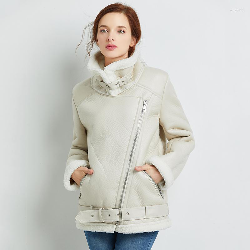 

Women' Leather Aoottii Winter Faux Lamb Jacket Women Wool Fur Belt Zipper Turn Down Collar Loose Coat Female Warm Thick Outerwear, Beige
