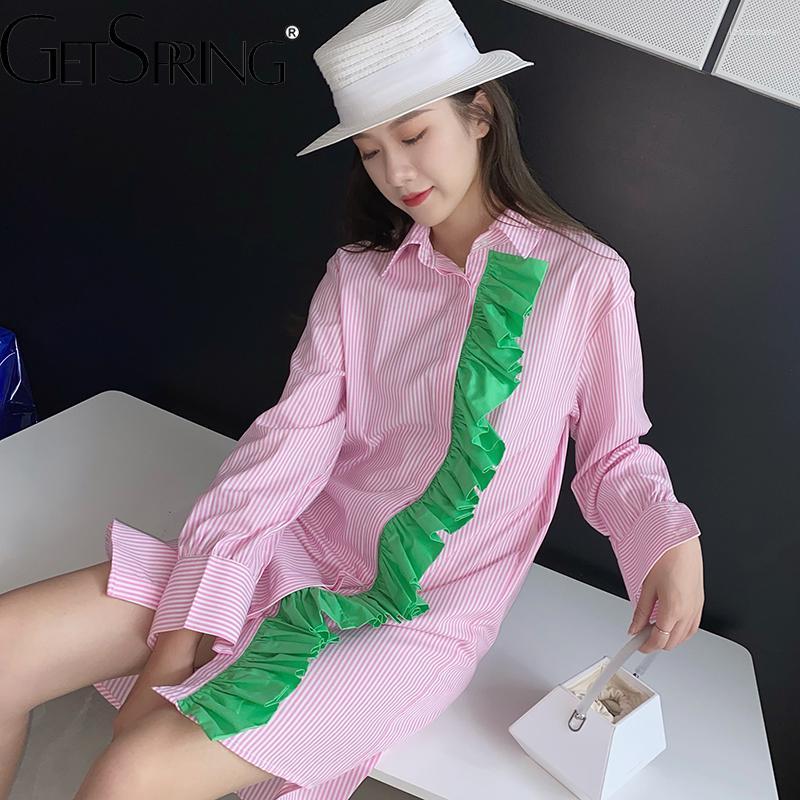 

Casual Dresses Women Dress Color Matching Ruffles Stitched Striped Shirt Asymmetrical Hem Full Sleeve Loose Leisure Short, Blue