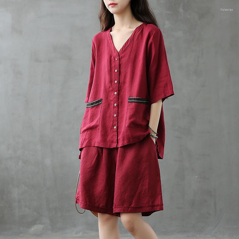 

Women's Tracksuits Summer Fashion Suit Two Piece Set Women Casual Indie Folk Ladies Loose V-neck Tees Straight Wide Leg Shorts Lounge Wear, Blue