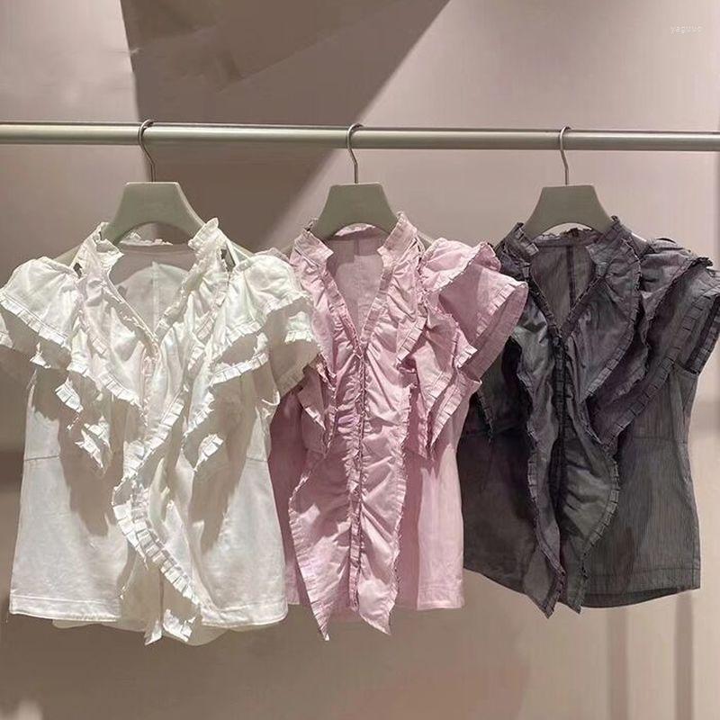 

Women's Blouses Kuzuwata 2022 Sweet Style Summer Blouse V-neck Ruffled Flying Sleeve Solid Mujer Blusa Off Shoulder Bandage Slim Waist Shirt, Pink purple