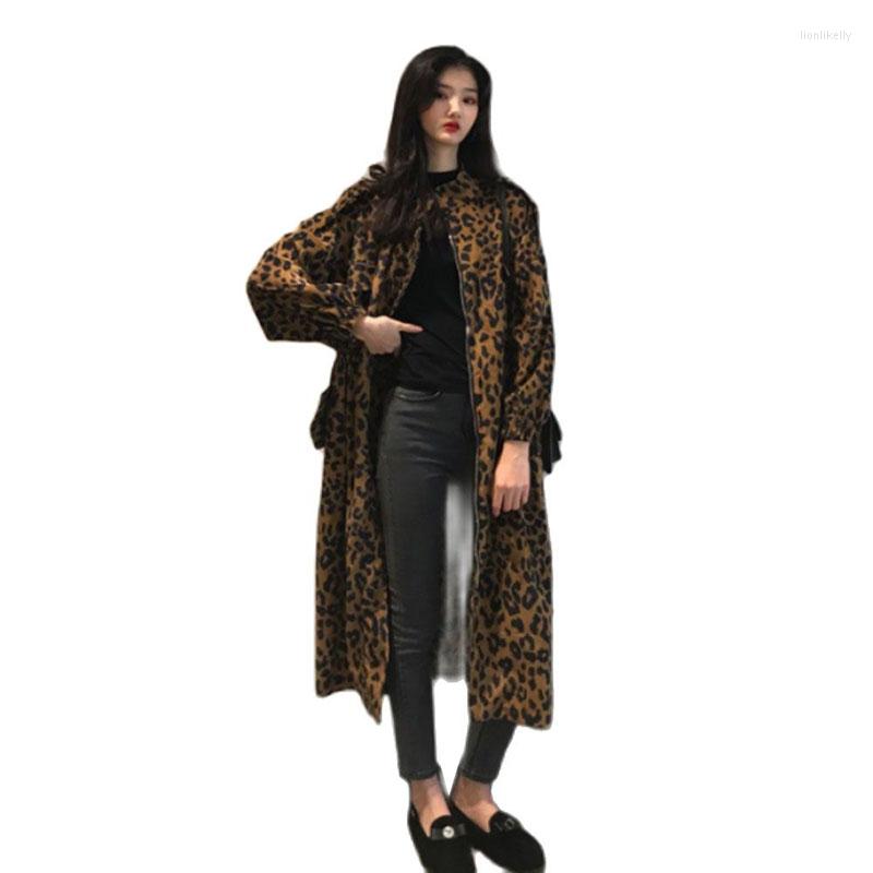 

Women's Trench Coats Loose Women's Coat Leopard Print Mid-Length Windbreaker Autumn Thin Korean Zipper Outerwear Tooling Femal, Beige