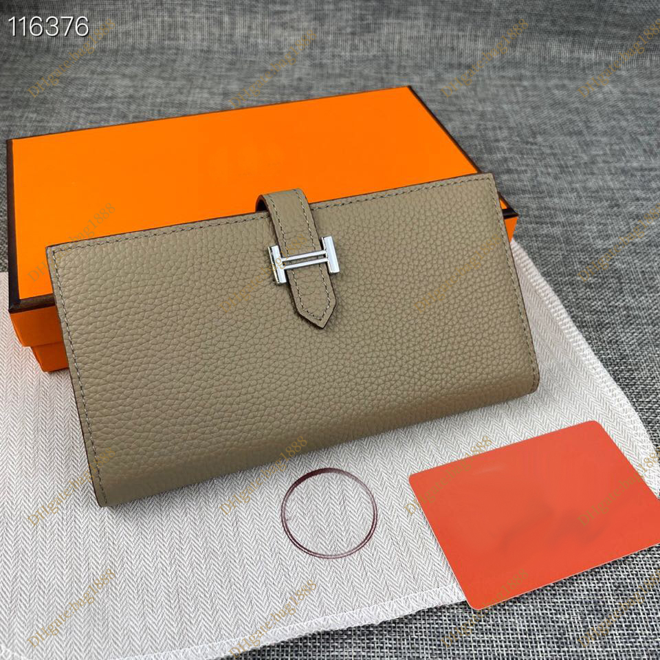 

Women's New Wallet Solid Leather Zipper Horizontal H Buckle Business Card Holder Fashion Togo Litchi Silver Buckle Zero Wallets, Grey