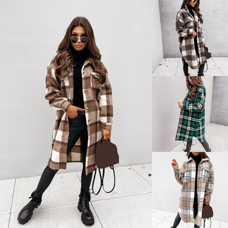 

Women's T Shirts 2022 Spring Women Checked Jacket Casual Oversized Turn Down Collar Long Coat Female Thick Warm Woolen Blends Overcoat, 02