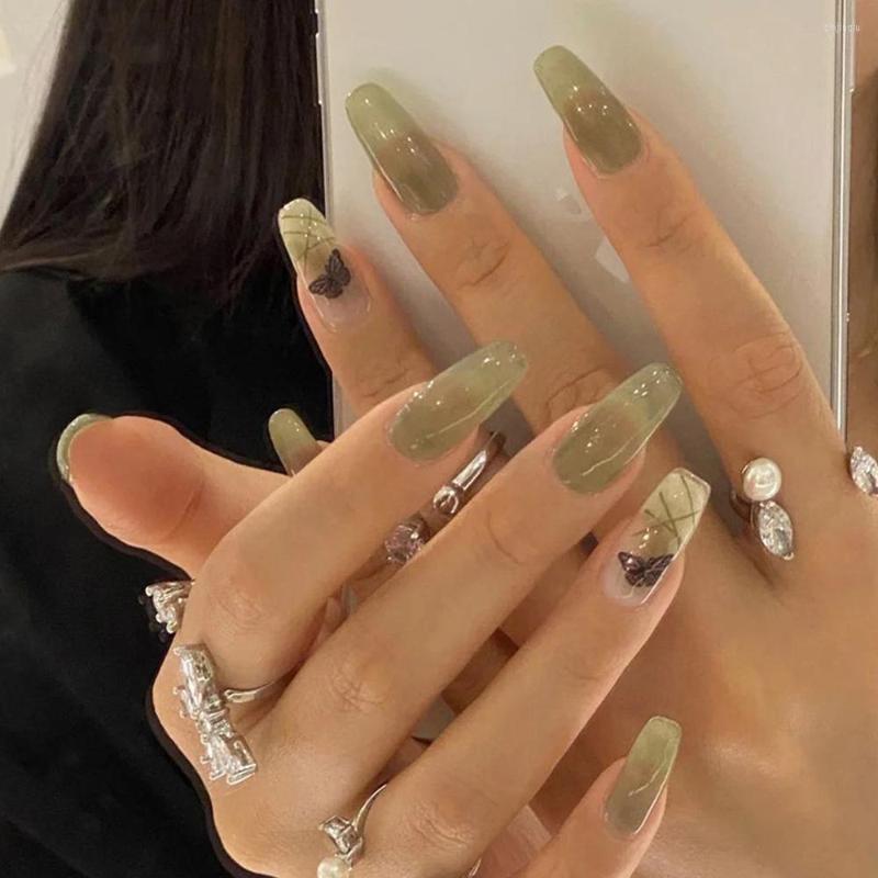 

False Nails Clear Matcha Green With Design Square Head Butterfly Nail Tips Detachable Full Cover Manicure Patches Press On, 01