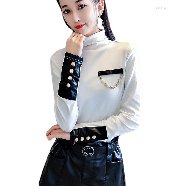 

Women's T Shirts Fashion Women PU Leather Sleeve White Full Tops Bodycone Pullovers Clothing