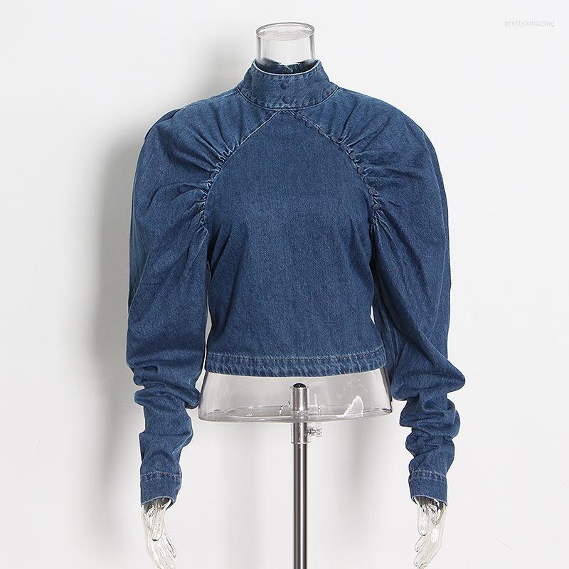 

Women' Blouses Blue Puff Sleeve Denim Shirt 2022 Spring Autumn Stand Collar Stitching Short Ladies Blouse Top Women Casual Brand Clothing, Sky blue
