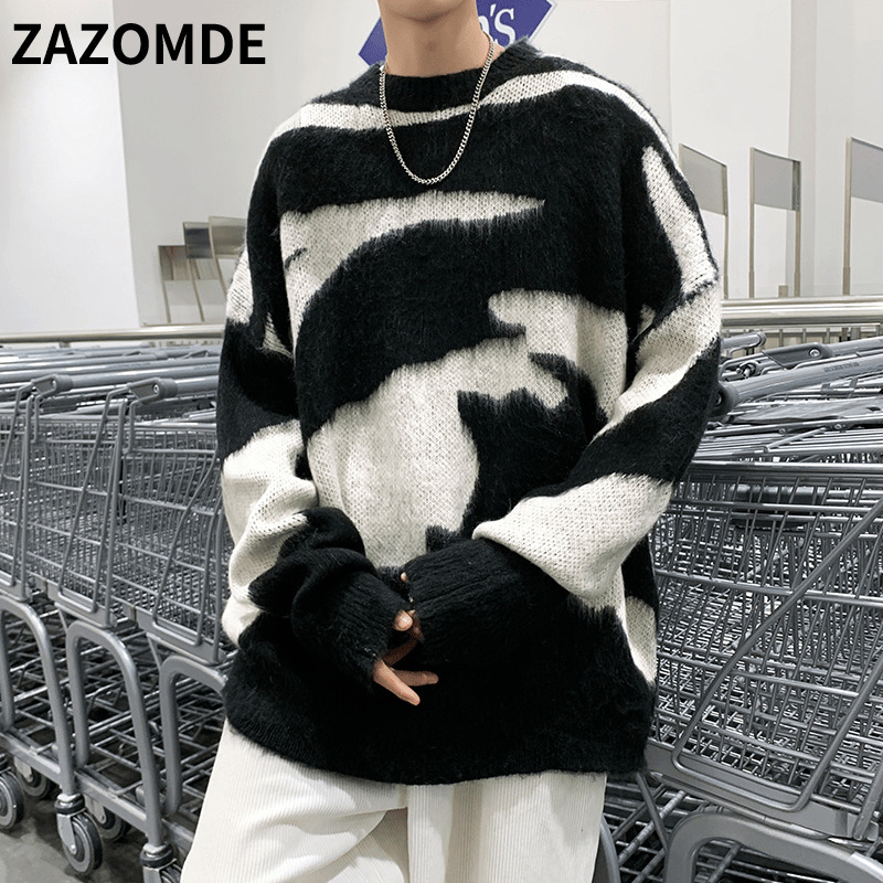 

Men's Sweaters ZAZOMDE Autumn Winter Sweater Black White Block Jacquard Streetwear Tie dye Casual Pullover Harajuku High Street Top 221114