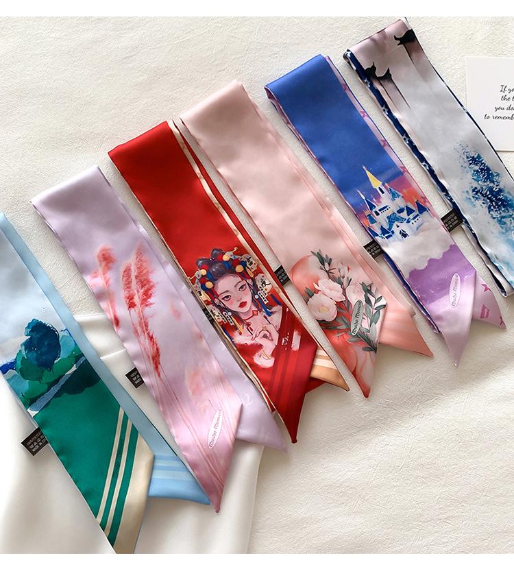 

Scarves Refreshing Literary Painting Small Silk Scarf Female Headband Slender Long Strip Streamer Tie Bag Belt Decorative Gift