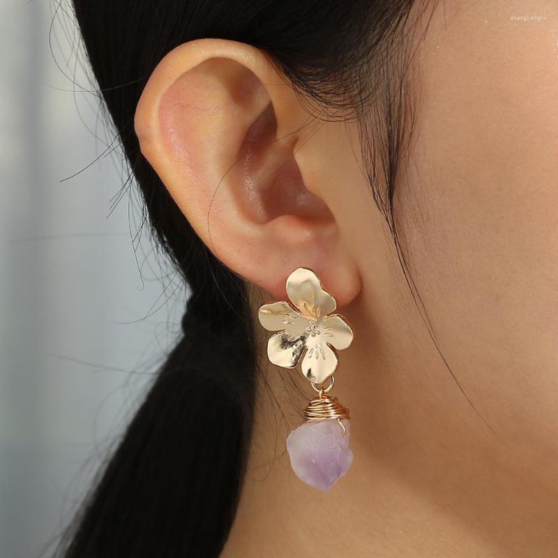 

Stud Earrings Net Red Ins Small Fresh Flowers Light Purple Natural Stone Temperament Fashion Jewelry Women