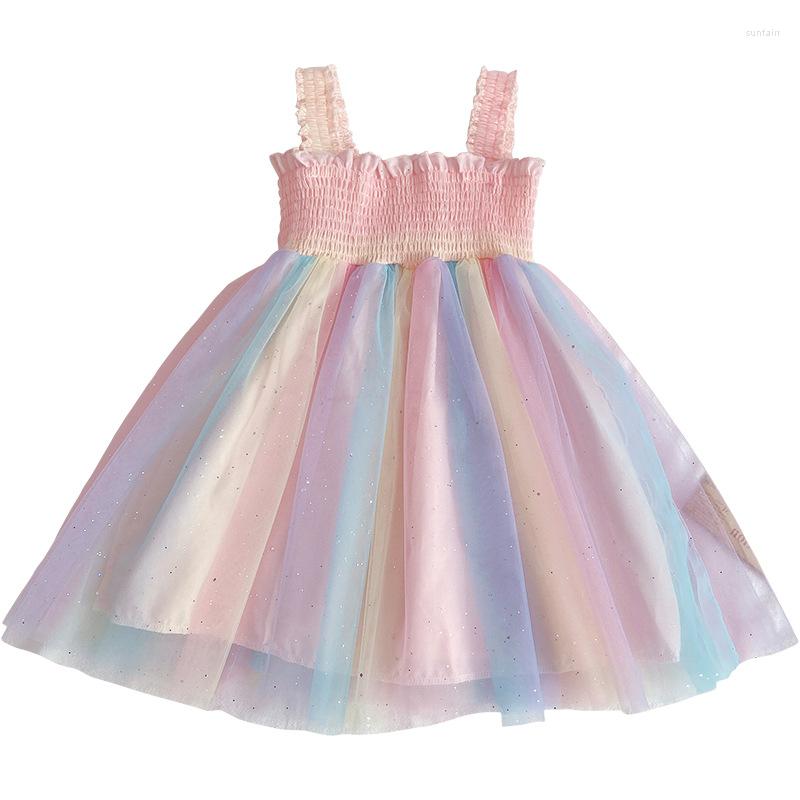 

Girl Dresses 2022 Summer Dress For Girls Rainbow Color Princess Kids Mesh Cute Style Children Clothing 3-7, Ah4306 pink