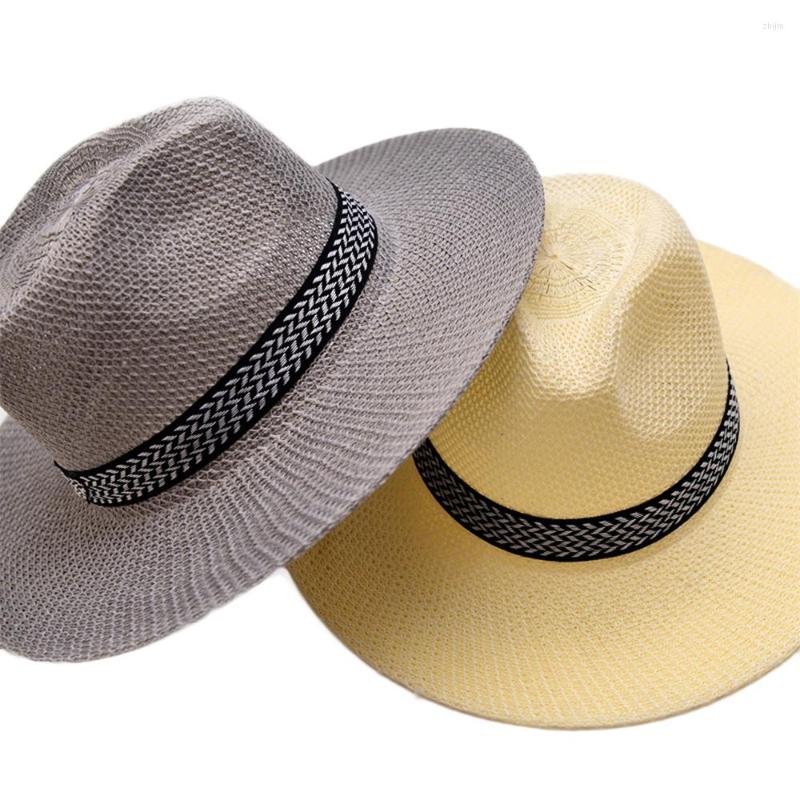 

Berets Douhoow Summer Men Sun Hat Sunscreen Straw Fashion Male Casual Trendy Beach Jazz Band Fedora Caps, Khaki