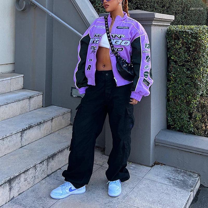 

Women' Trench Coats 2022 Autumn And Winter Individuality High Street Sports Print Patchwork Color Leisure Loose Long Sleeve Windbreaker, Purple