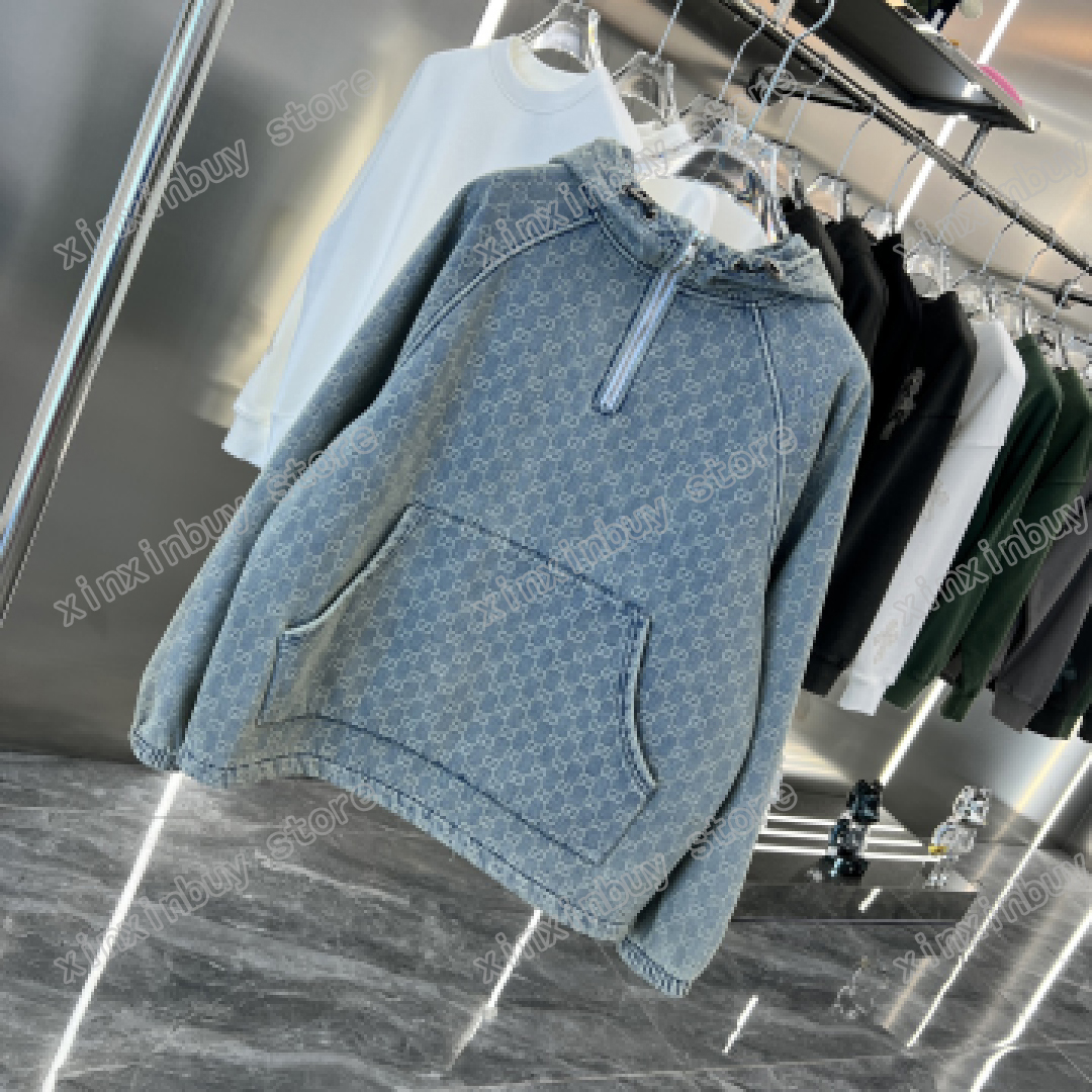 

xinxinbuy Men designer Hoodie sweater Double letter Jacquard pocket Denim Paris women black white blue khaki S-2XL, 01
