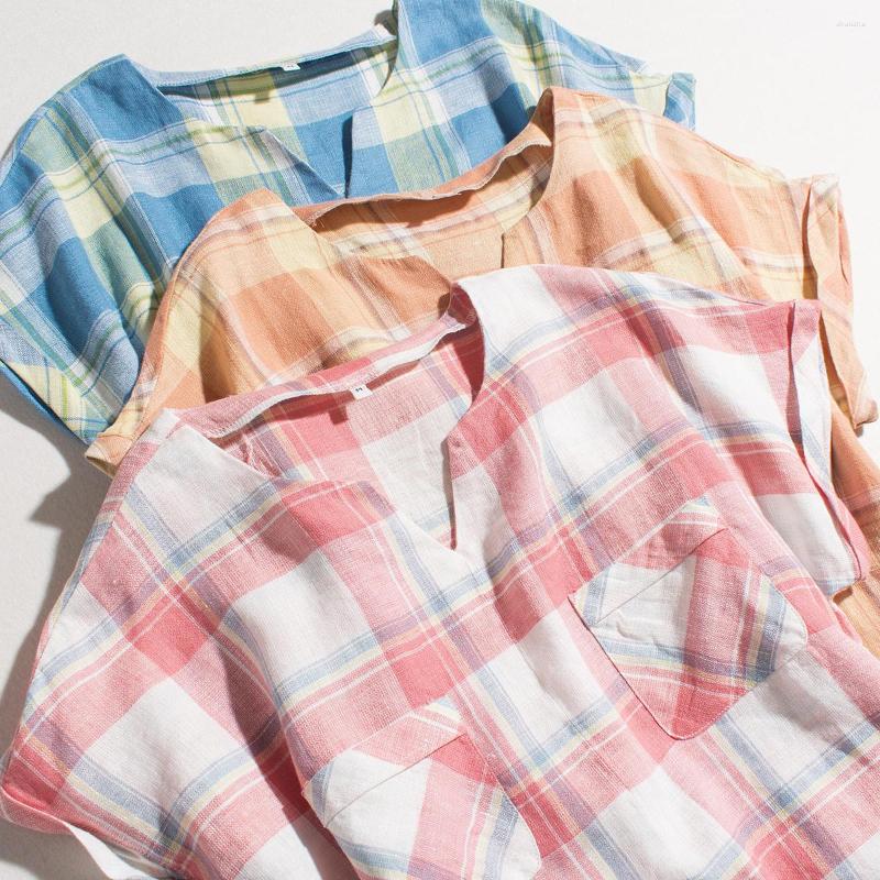 

Women' Blouses Summer Women Simple Loose All-match Japan Style Plaid Patchwork Comfortable Breathable Water Washed Linen Pullover, Blue