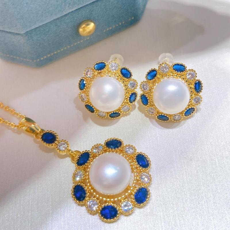 

Necklace Earrings Set Sunflower Natural Freshwater Pearl 9-10mm Stud With Pendant Chain Women Jewelry, Picture shown