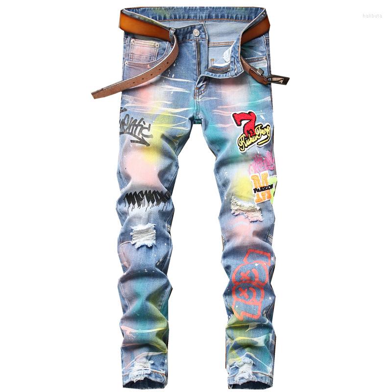 

Men's Pants Tube Splash Ink Colorful Printing Ripped Embroidery Patch Men's Slim Micro-elastic Jeans Trend For Men Cowboy Trousers