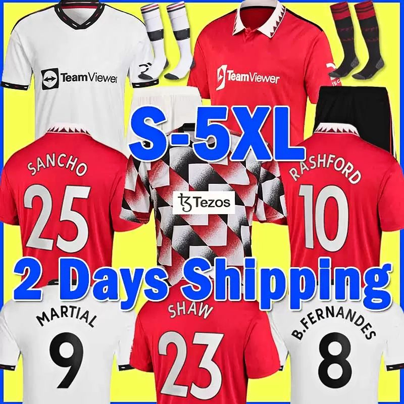 

SANCHO soccer jerseys 22/23 PLAYER #7 Fans Player version RASHFORD SHAW POGBA UTD MARTIAL B. FERNANDES MANS LINGARD football shirt 2022 2023 men kids kit 1114, 22-23 away patch