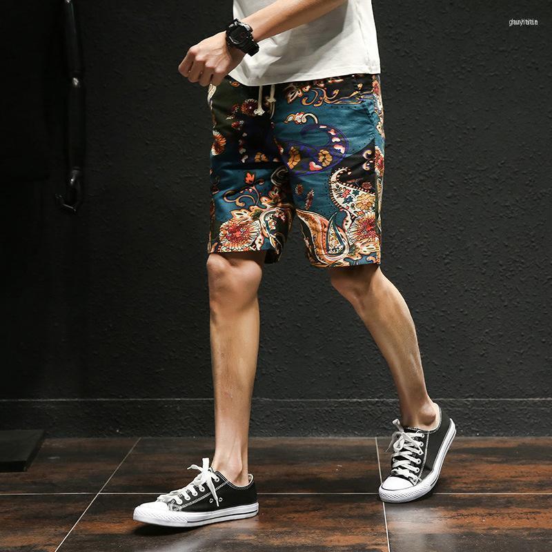

Men's Shorts Men's Summer Men Cotton Linen Printed Street Casual Knee Length Pants Japan Style Elastic Waist Beach Plus SizeMen's