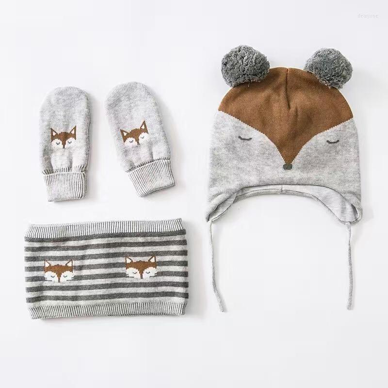 

Hats Little Embroidery Cotton Baby Hat Scarf Gloves Set Crochet Beanies Kids Fall Winter Cap Handmade Windproof Earmuff, Gray